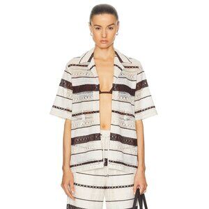 WAO Crochet Stripe Camp Shirt in Natural & Brown Medium New Womens Top